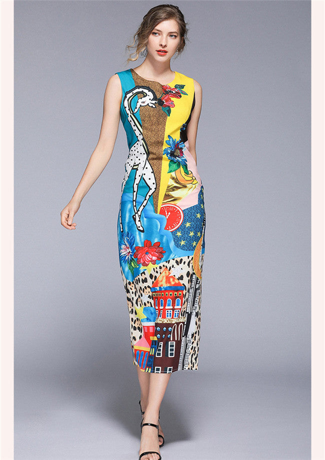 CM-DF032912 Women Charming Seoul Style Cartoon Printings Bodycon Tank Long Dress