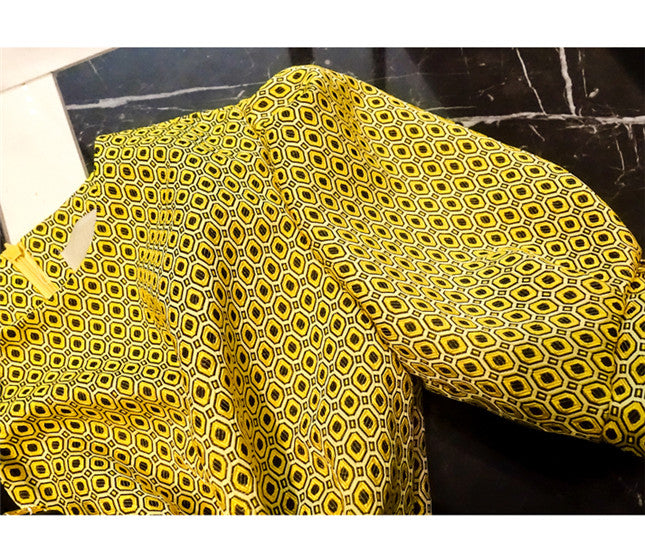 CM-DF032917 Women Elegant Seoul Style Round Neck Mini Dots Jacquard Puff Sleeve Dress - Yellow