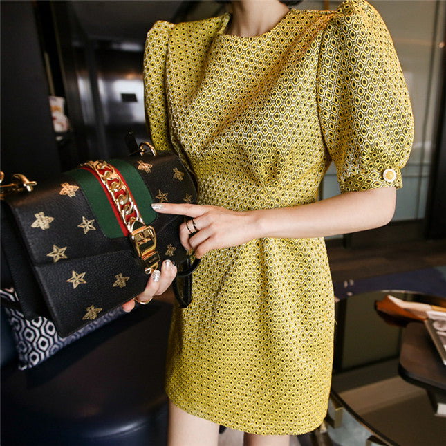 CM-DF032917 Women Elegant Seoul Style Round Neck Mini Dots Jacquard Puff Sleeve Dress - Yellow