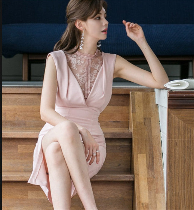 CM-DF032924 Women Casual Seoul Style Lace Splicing V-Neck Skinny Tank Dress - Pink