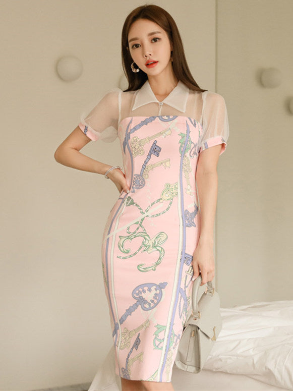 CM-DF040130 Women Casual Seoul Style Gauze Collar Floral Bodycon Mini Dress
