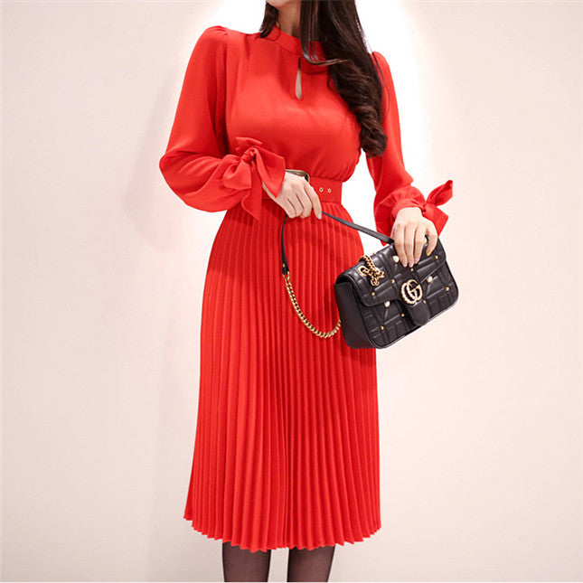 CM-DF040216 Women Casual Seoul Style Long Sleeve Pleated Waist Midi Dress With Belt - Red
