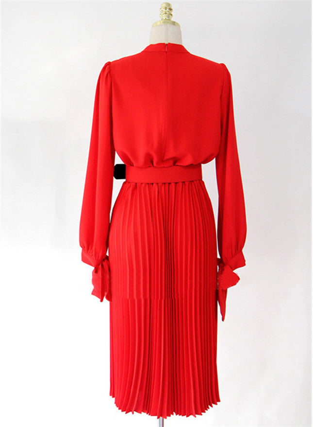 CM-DF040216 Women Casual Seoul Style Long Sleeve Pleated Waist Midi Dress With Belt - Red