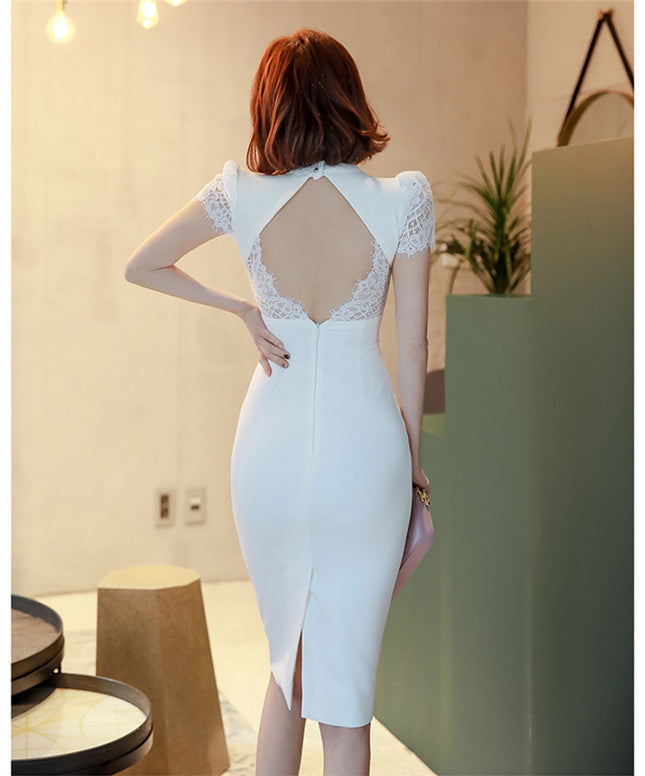 CM-DF040316 Women Elegant Seoul Style V-Neck Lace Short Sleeve Bodycon Dress - White