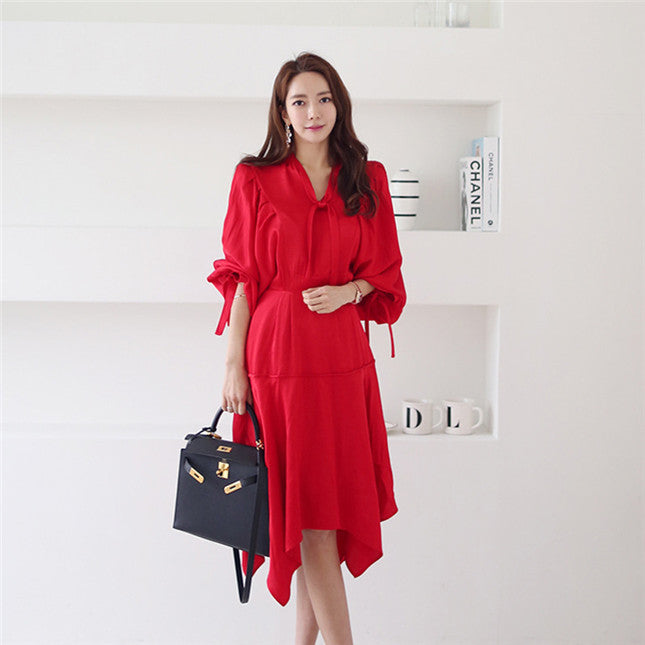 CM-DF040518 Women Casual Seoul Style Tie Collar Puff Sleeve A-Line Dress - Red