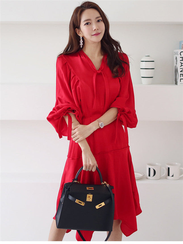 CM-DF040518 Women Casual Seoul Style Tie Collar Puff Sleeve A-Line Dress - Red