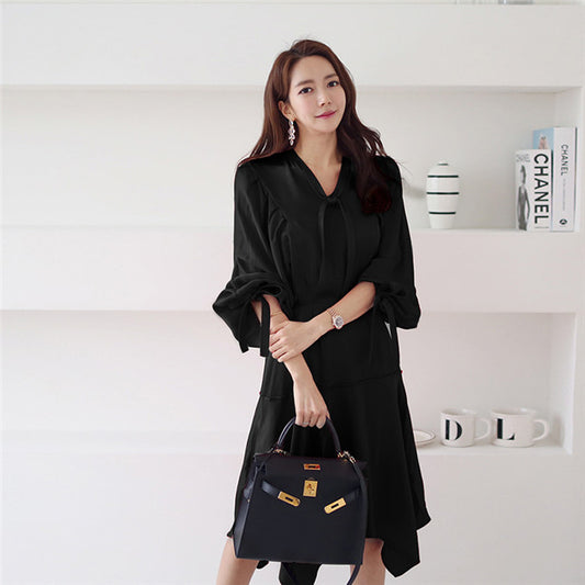 CM-DF040518 Women Casual Seoul Style Tie Collar Puff Sleeve A-Line Dress - Black