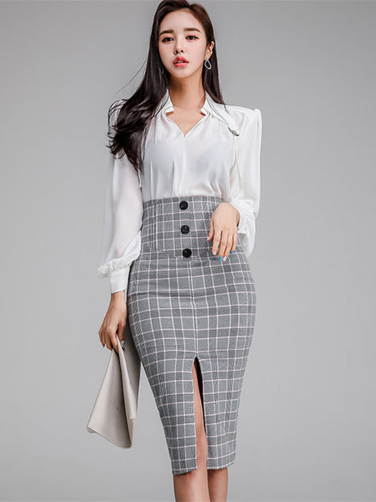 CM-SF040713 Women Modern Seoul Style V-Neck Loosen Blouse With Plaids Midi Skirt - Set