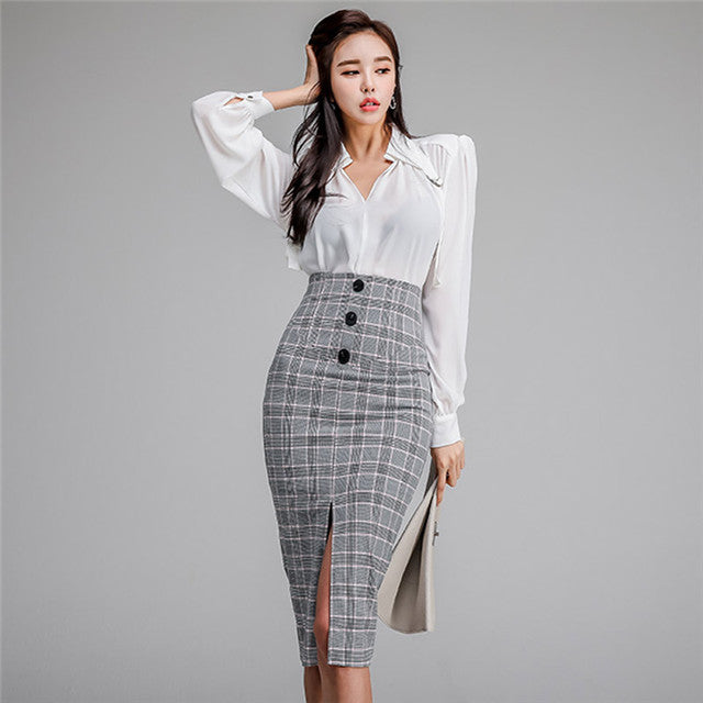 CM-SF040713 Women Modern Seoul Style V-Neck Loosen Blouse With Plaids Midi Skirt - Set