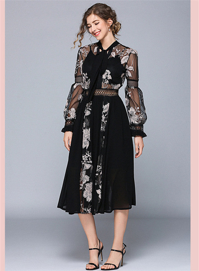 CM-DF041027 Women Elegant European Style Tie Collar Floral Embroidery A-Line Dress - Black
