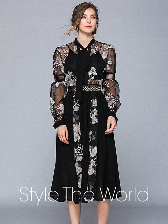 CM-DF041027 Women Elegant European Style Tie Collar Floral Embroidery A-Line Dress - Black