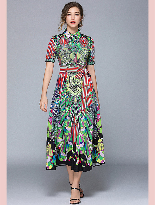 CM-DF041028 Women Charming European Style Tie Collar Floral Printings Maxi Dress