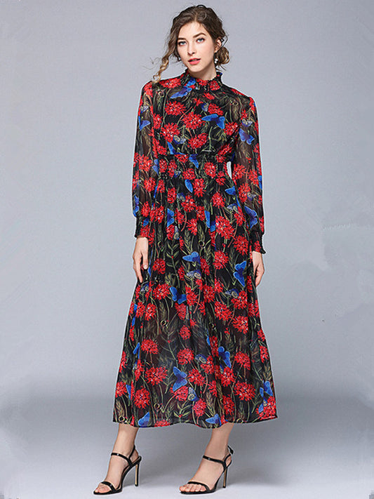 CM-DF041030 Women Casual European Style Elastic Waist Floral Printings Maxi Dress