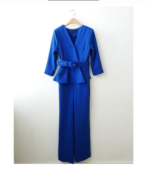 CM-JF041207 Women Elegant Seoul Style Flouncing High Waist Slim Long Jumpsuit - Blue