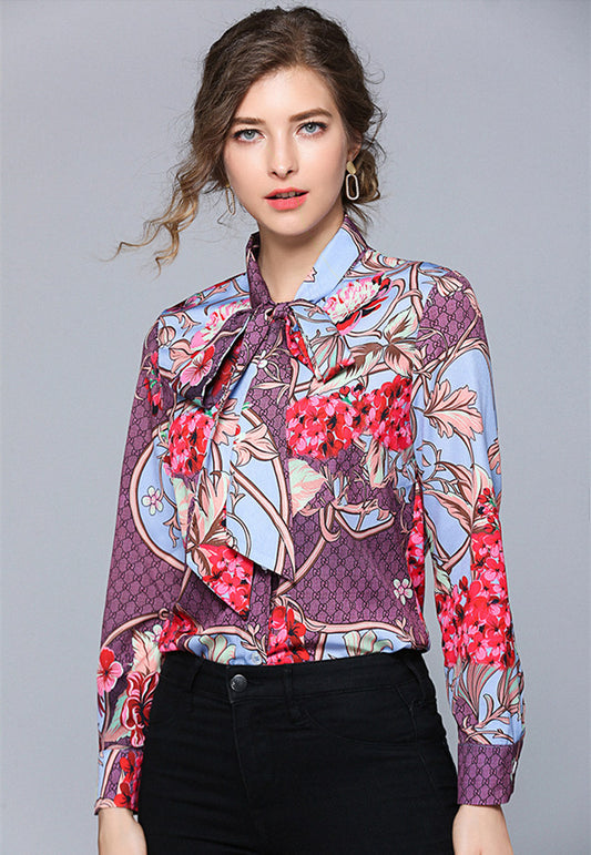CM-TF041310 Women Elegant European Style Tie Collar Floral Printing Loosen Blouse - Purple