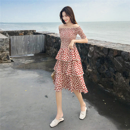 CM-DF041611 Women Casual Seoul Style Boat Neck Mini Floral Layered Flouncing Dress - Red