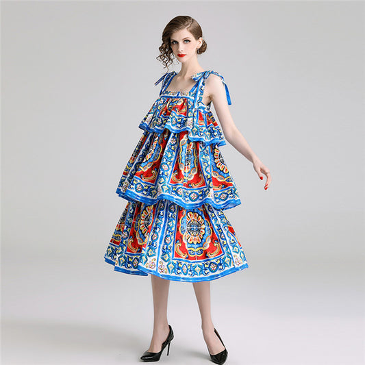 CM-DF041918 Women Lovely European Style Layered Flouncing Floral Straps Long Dress