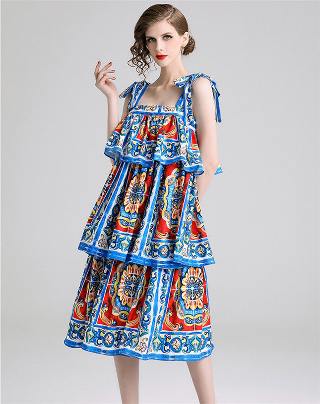 CM-DF041918 Women Lovely European Style Layered Flouncing Floral Straps Long Dress