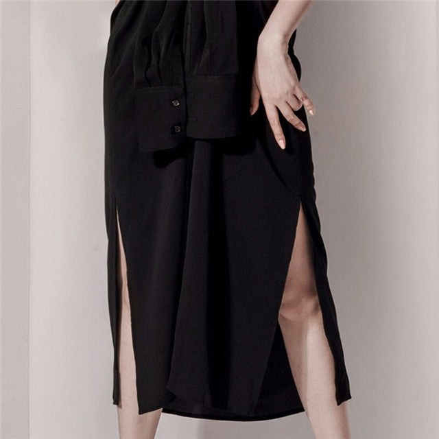 CM-DF042207 Women Elegant European Style High Waist Split Straps Long Dress - Black
