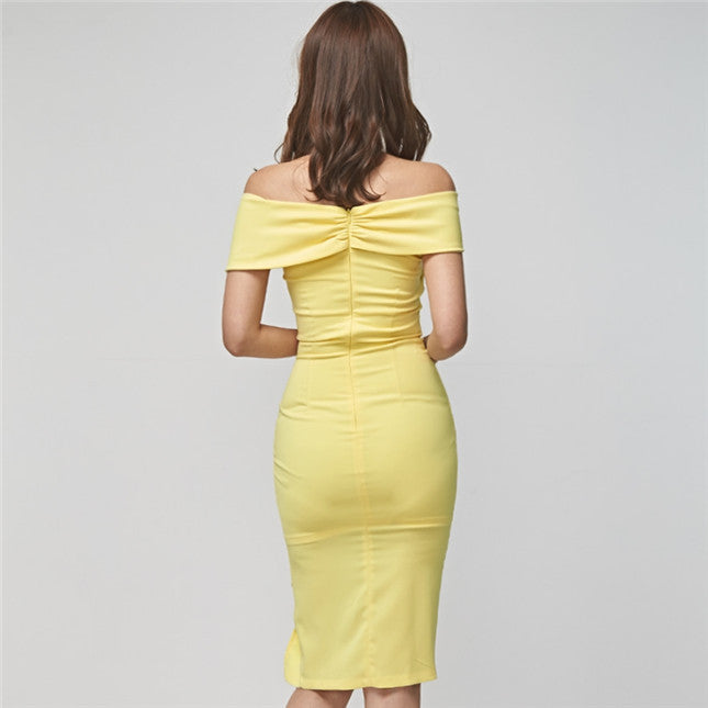 CM-DF042227 Women Elegant Seoul Style Boat Neck Pleated Split Skinny Dress - Yellow