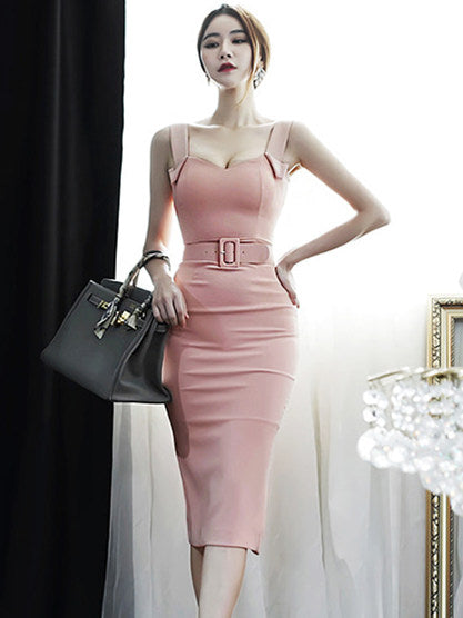 CM-DF042420 Women Elegant Seoul Style Fitted Waist Backless Straps Skinny Dress - Pink