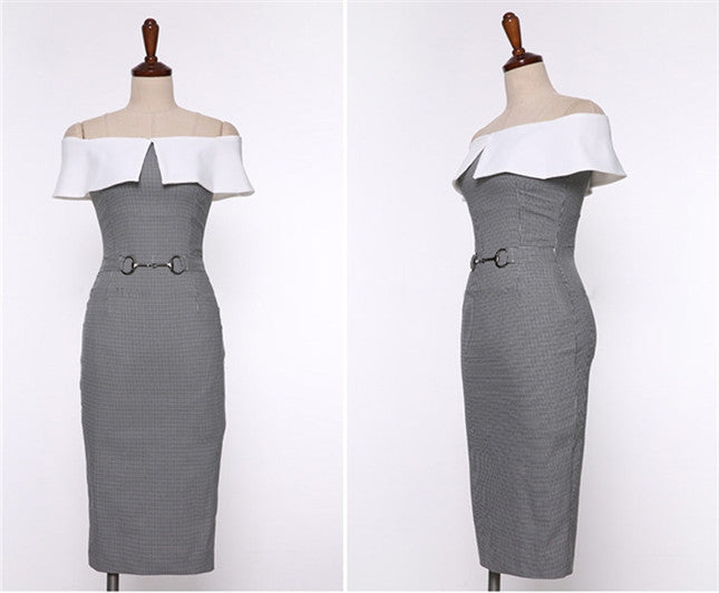 CM-DF042529 Women Casual Seoul Style Boat Neck Fitted Waist Houndstooth Dress - Gray