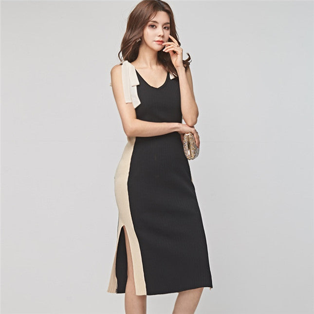 CM-DF042530 Women Casual Seoul Style Bowknot Straps Knitting Midi Dress - Black