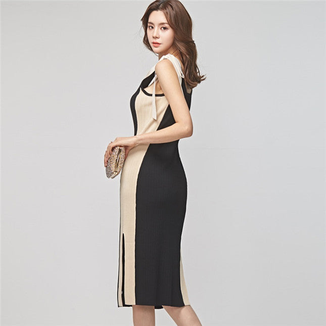 CM-DF042530 Women Casual Seoul Style Bowknot Straps Knitting Midi Dress - Black
