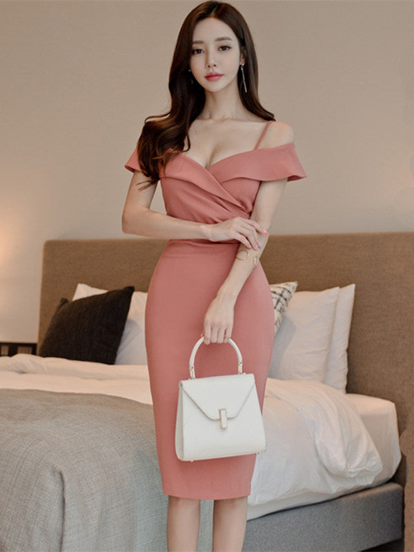 CM-DF042712 Women Elegant Seoul Style Boat Neck Off Shoulder Bodycon Dress - Pink