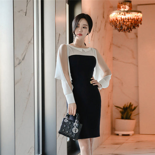 CM-DF042719 Women Elegant Seoul Style Split Long Sleeve Slim Mini Dress - Black