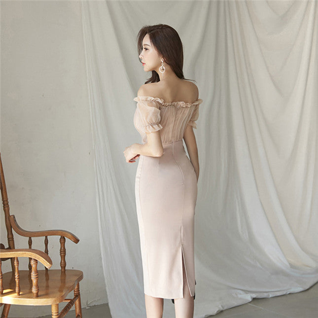 CM-DF042720 Women Elegant Seoul Style Pleated Boat Neck Skinny Short Sleeve Dress - Pink
