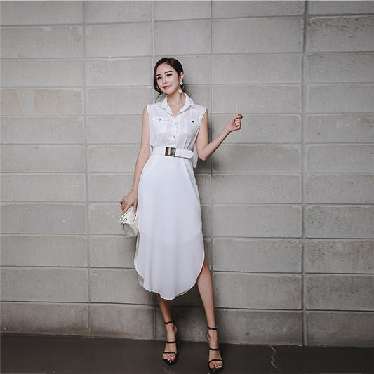 CM-DF042815 Women Casual Seoul Style Turn-Down Collar High Waist Split Long Dress - White