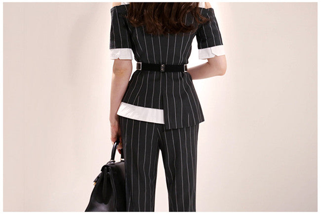 CM-SF042817 Women Elegant Seoul Style Off Shoulder Stripes Slim Tailored Long Suits - Set