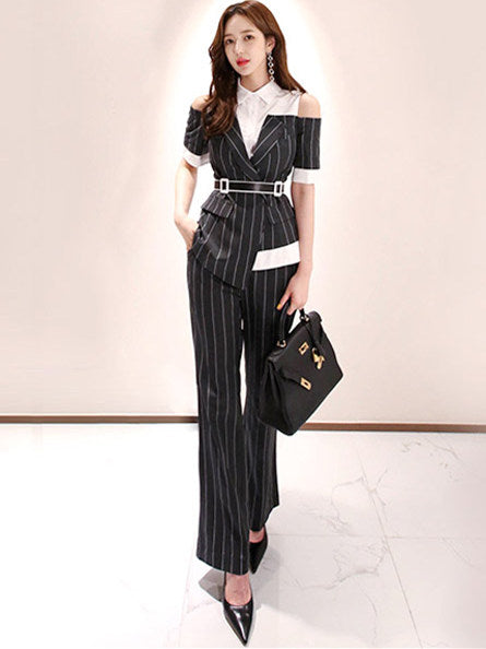 CM-SF042817 Women Elegant Seoul Style Off Shoulder Stripes Slim Tailored Long Suits - Set