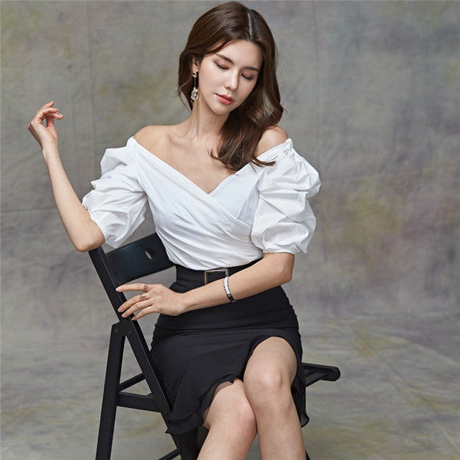 CM-SF043018 Women Elegant Seoul Style Boat Neck Blouse With Fishtail Slim Midi Skirt - Set