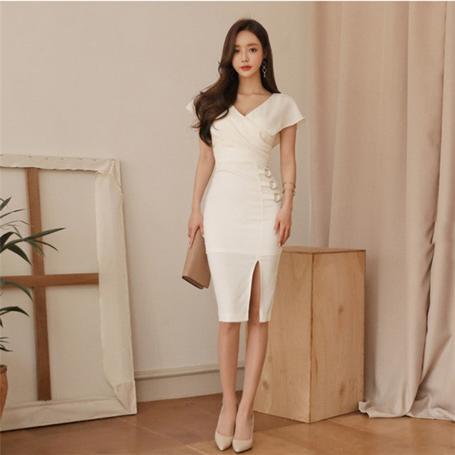 CM-DF050318 Women Elegant Seoul Style V-Neck Fitted Waist Bodycon Dress - White
