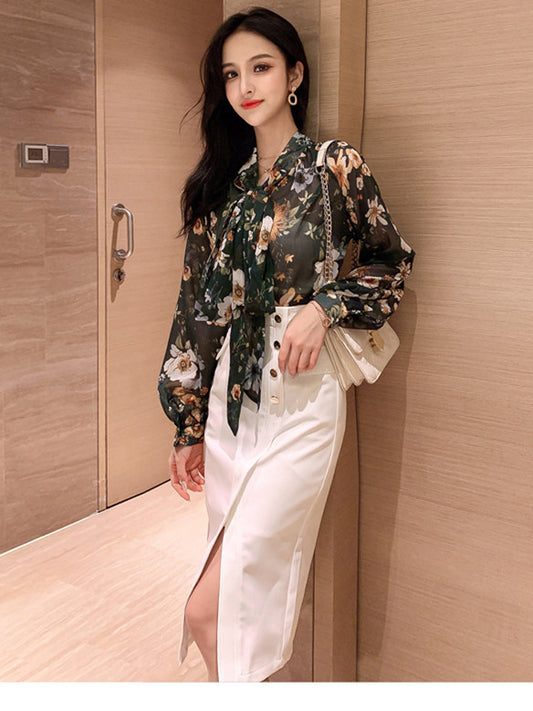 CM-SF050320 Women Elegant Seoul Style Tie Collar Floral Blouse With Split Midi Skirt - Set