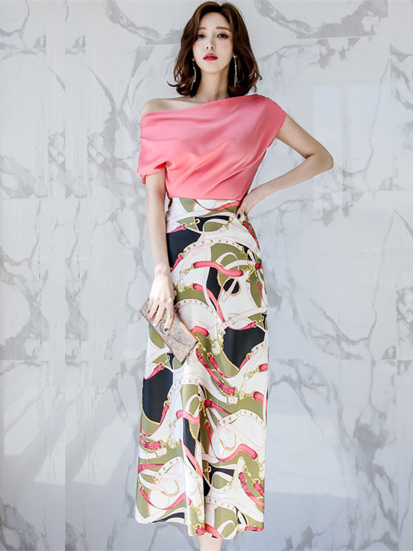 CM-SF050321 Women Casual Seoul Style Boat Neck Blouse With High Waist Long Skirt - Set