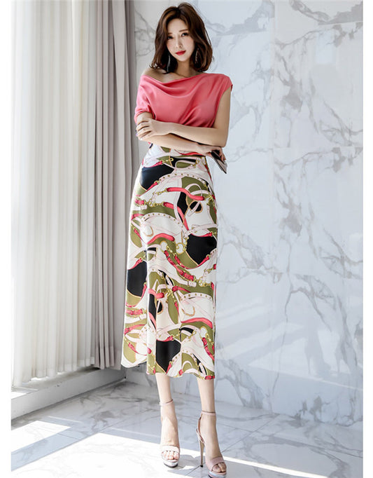 CM-SF050321 Women Casual Seoul Style Boat Neck Blouse With High Waist Long Skirt - Set