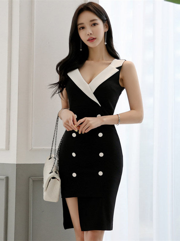 CM-DF050326 Women Elegant Seoul Style Sleeveless Collar Double-Breasted Tank Dress - Black