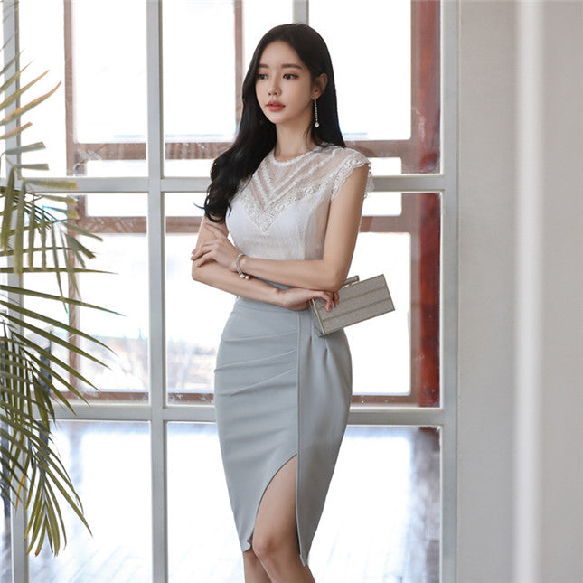 CM-SF050505 Women Casual Seoul Style Lace Tank Blouse With Split Midi Skirt - Set