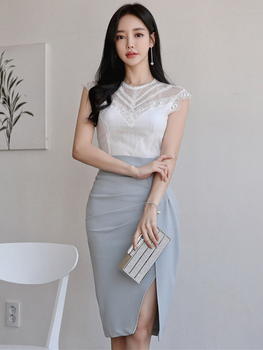 CM-SF050505 Women Casual Seoul Style Lace Tank Blouse With Split Midi Skirt - Set