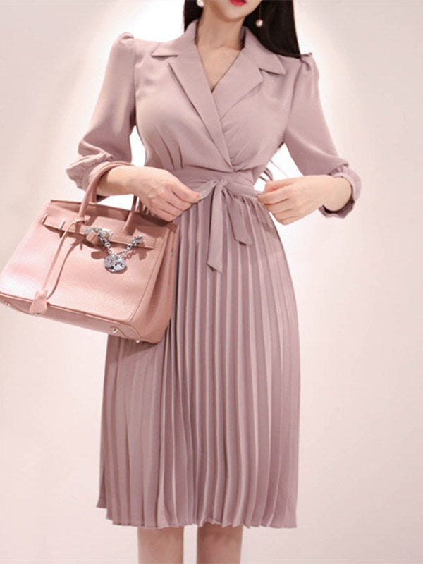 CM-DF050511 Women Elegant Seoul Style Tailored Collar Tie Waist Pleated A-Line Dress - Pink