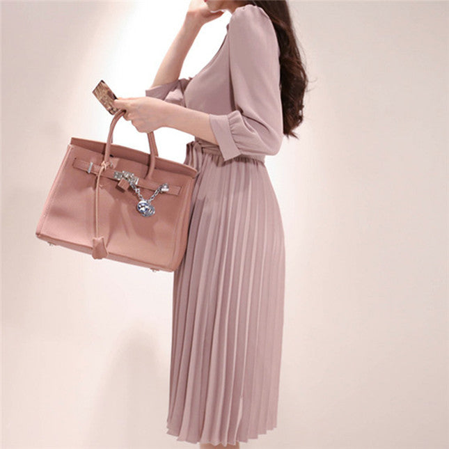 CM-DF050511 Women Elegant Seoul Style Tailored Collar Tie Waist Pleated A-Line Dress - Pink