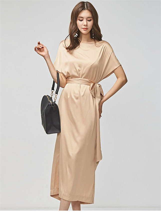 CM-DF051006 Women Elegant Seoul Style Batwing Tie Waist Loosen Long Dress - Apricot