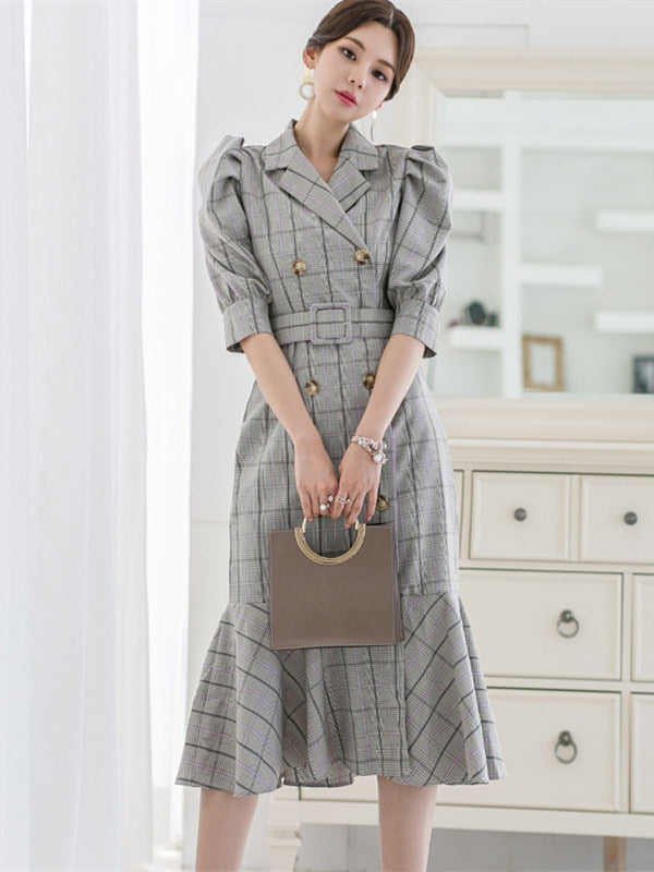 CM-DF051019 Women Elegant Charming Double-Breasted Fishtail Plaids Puff Sleeve Dress