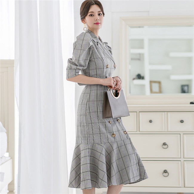CM-DF051019 Women Elegant Charming Double-Breasted Fishtail Plaids Puff Sleeve Dress