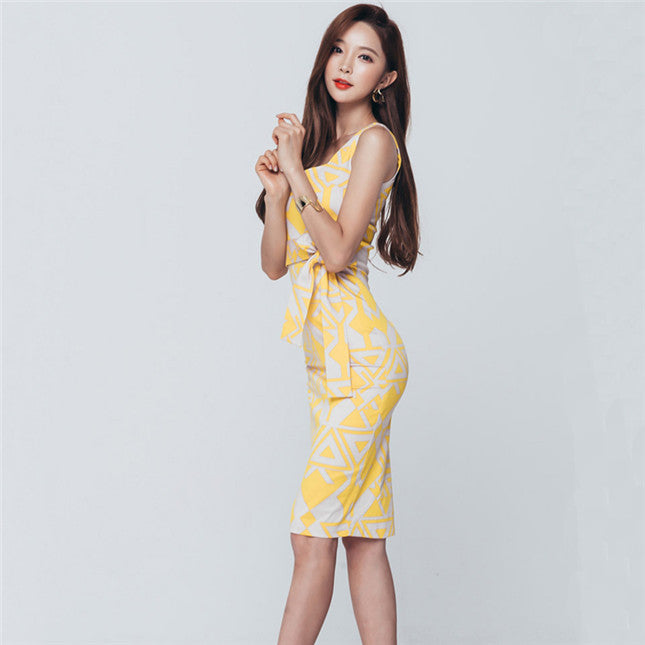 CM-DF051116 Women Casual Seoul Style Square Collar Tie Waist Slim Dress - Yellow