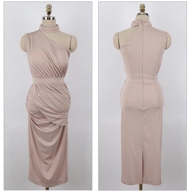 CM-DF051228 Women Elegant Seoul Style Off Shoulder Fitted Waist Fold Tank Dress