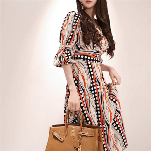 CM-DF051229 Women Casual Seoul Style 3/4 Sleeve V-Neck Dots Stripes A-Line Mini Dress